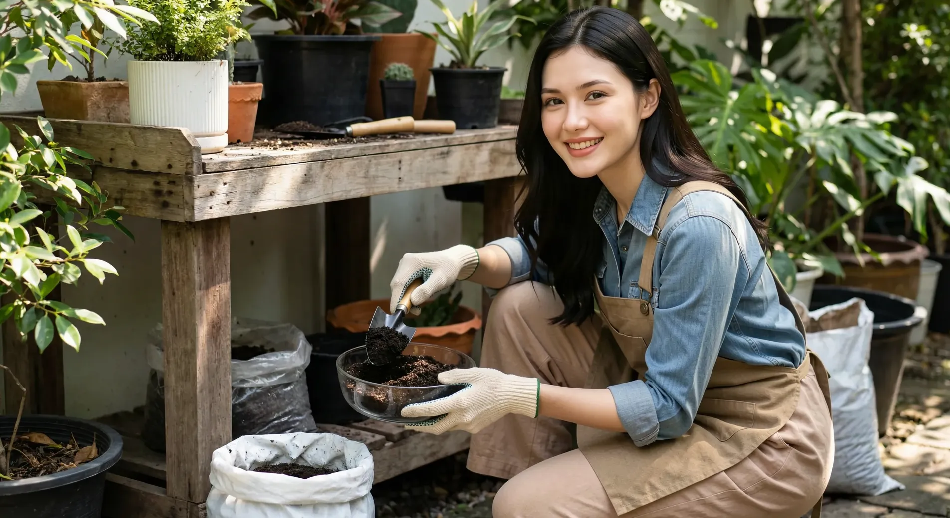 The uploaded reference character sheet shall be used for creating a person or character in this image., Modern Agricultural Influencer, with reference the Uploaded reference image Character Sheet preserving facial fidelity, 22 year old Bangkokian, light natural makeup, confident and warm expression, stylish outdoor gardening attire or smart-casual farmwear (earth tones, denim, or linen), demonstrating the application or mixing of Humus powder with soil/water, practical and focused expression, garden workstation setting, aspect ratio 21:9