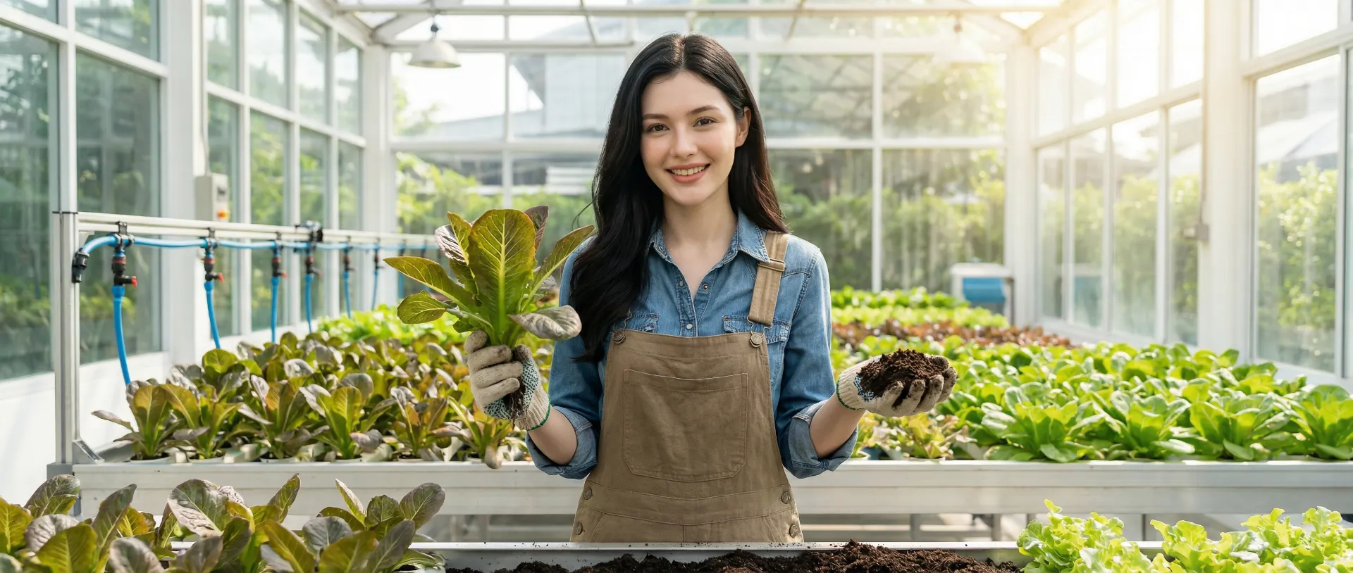 The uploaded reference character sheet shall be used for creating a person or character in this image., Modern Agricultural Influencer, with reference the Uploaded reference image Character Sheet preserving facial fidelity, 22 year old Bangkokian, light natural makeup, confident and warm expression, stylish outdoor gardening attire or smart-casual farmwear (earth tones, denim, or linen), confident gesture holding a healthy plant or soil sample related to Humus, in a modern greenhouse or lush garden, inspiring and fresh mood, natural sunlight, aspect ratio 21:9