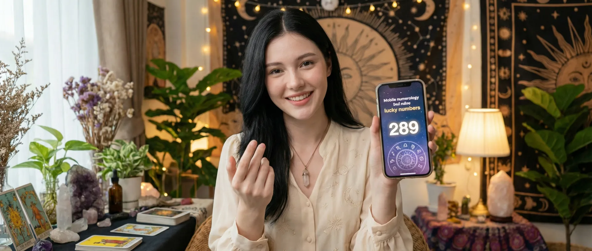 The uploaded reference character sheet shall be used for creating a person or character in this image. Modern Gen-Z Astrologer/Fortune Teller, with reference the Uploaded reference image Character Sheet preserving facial fidelity, 22 year old Bangkokian, light natural makeup, confident and warm expression, stylish boho-chic or smart-casual mystic attire (pastels, white, or celestial patterns), wearing a small crystal pendant, making an inviting hand gesture holding a glowing smartphone showing lucky numbers related to Thai Mobile Numerology, in a cozy modern living room or mystical studio, warm and magical mood, soft lighting, aspect ratio 21:9