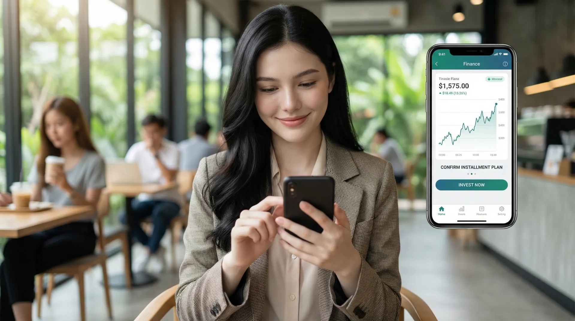 The uploaded reference character sheet shall be used for creating a person or character in this image., Financial influencer, with reference the Uploaded reference image Character Sheet preserving facial fidelity, 22 year old Bangkokian, natural makeup, confident and smart expression, smart-casual business styling, using a smartphone app to execute a transaction related to installment plan or investment, focus on the phone screen and confident smile, lifestyle cafe setting, convenient and modern mood, aspect ratio 21:9