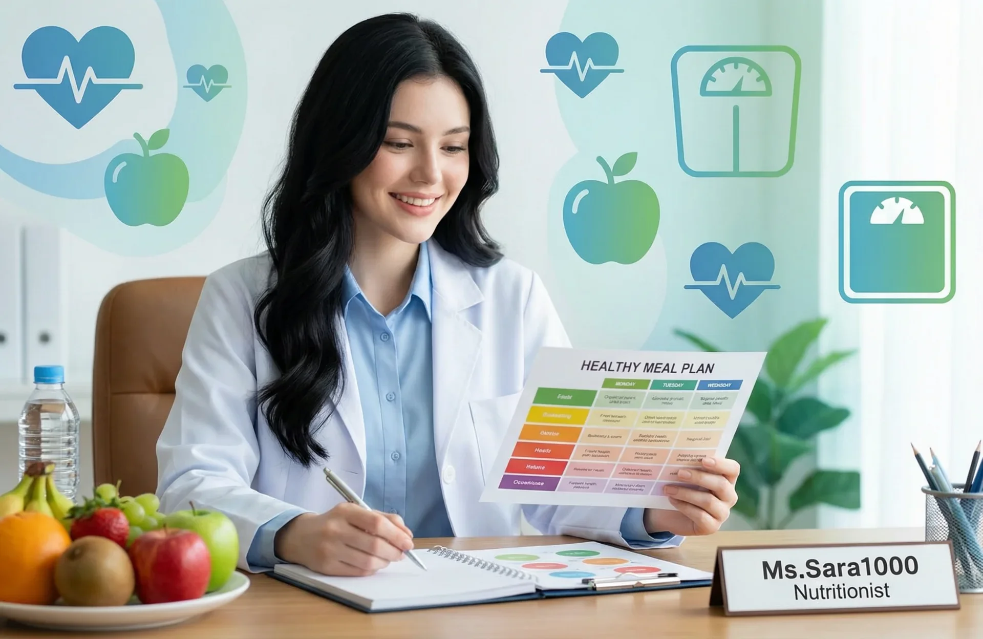 [prompt:{description:'Professional female nutritionist, Asian descent, mid-30s, white lab coat, sitting at a desk with an organized healthy meal plan, background shows abstract icons of heart health and weight loss', mood:'inspiring and healthy', aspect ratio:21/9}]