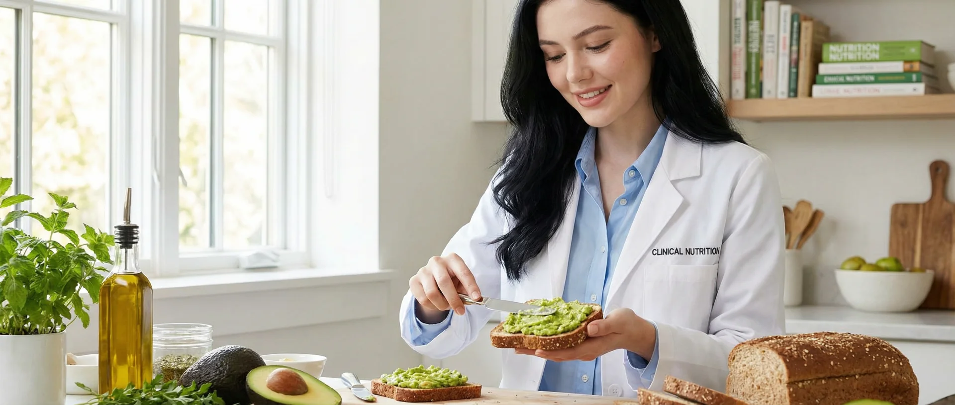 [prompt:{description:'Professional female nutritionist, Asian descent, mid-30s, white lab coat, preparing a healthy avocado toast in a kitchen, spreading avocado on whole wheat bread', mood:'practical and appetizing', aspect ratio:21/9}]