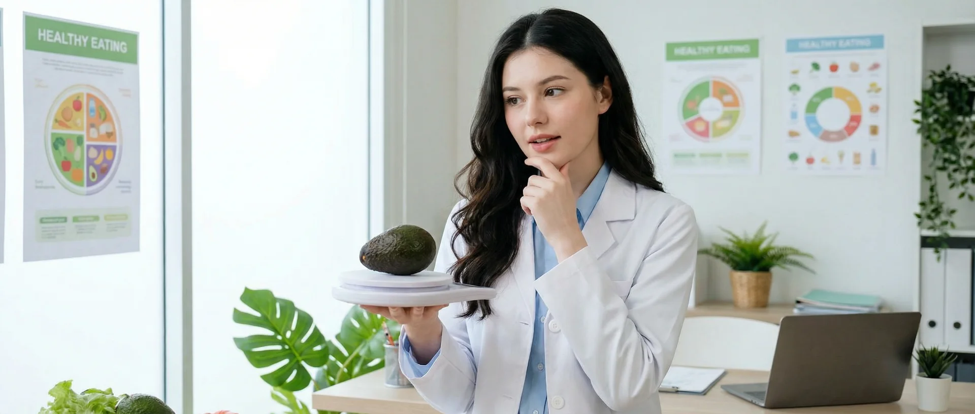 [prompt:{description:'Professional female nutritionist, Asian descent, mid-30s, white lab coat, holding a scale with an avocado on one side, making a thoughtful gesture about portion control', mood:'serious but helpful', aspect ratio:21/9}]