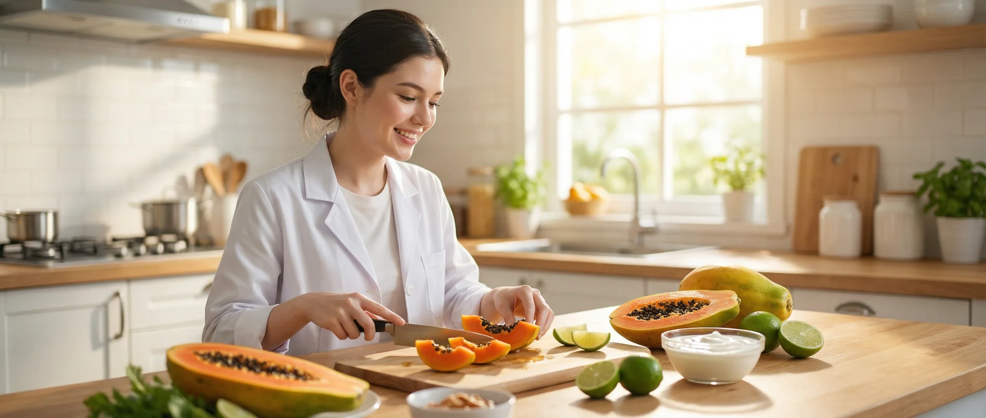The uploaded reference character sheet shall be used for creating a person or character in this image. Young nutritionist, with reference the Uploaded reference image Character Sheet preserving facial fidelity, 22 year old, wearing a white lab coat, minimal makeup, friendly expression, hair tied back, preparing a meal using fresh Papaya on a wooden counter, fresh ingredients like lime and yogurt around, appetizing and bright mood