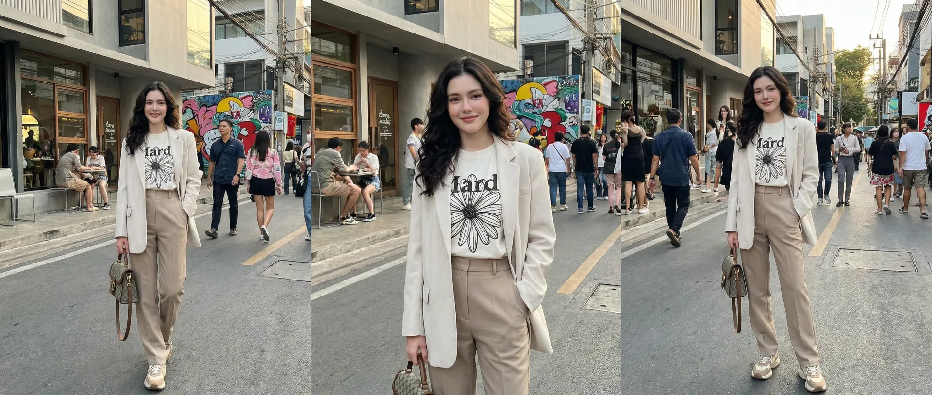 The uploaded reference character sheet shall be used for creating a person or character in this image., Thai fashion blogger and stylist, with reference to the Uploaded reference image Character Sheet preserving facial fidelity, 25 year old, stylish and trendy outfit matching the article theme, natural makeup, confident expression, fashionable hair styling, confidently posing with or wearing Mardi Mercredi Flowermardi tshirt, in a trendy urban setting in Bangkok, inspiring and aspirational mood, natural lighting, aspect ratio 21:9