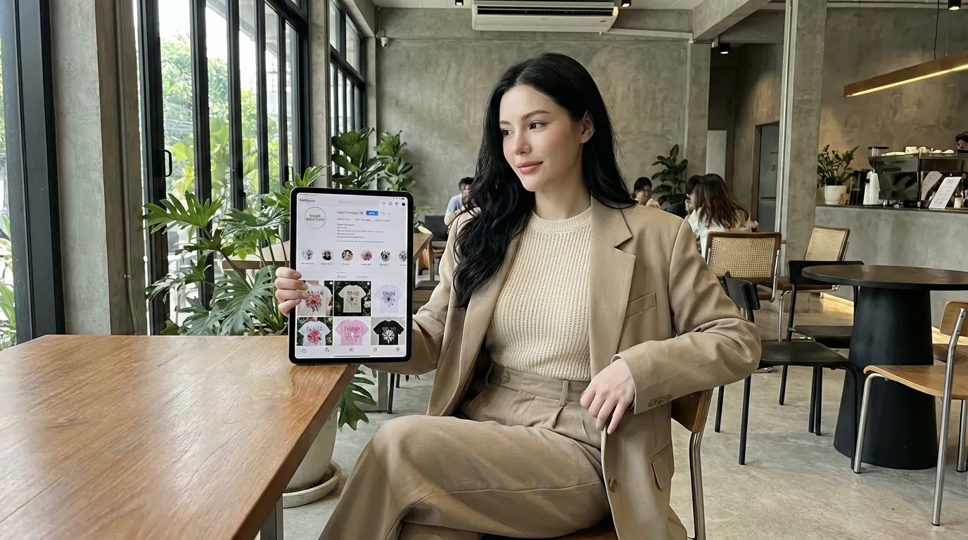 The uploaded reference character sheet shall be used for creating a person or character in this image., Thai fashion blogger and stylist, with reference to the Uploaded reference image Character Sheet preserving facial fidelity, 25 year old, stylish and trendy outfit matching the article theme, natural makeup, confident expression, fashionable hair styling, checking fashion content on tablet showing Mardi Mercredi Instagram social media presence, sitting in a trendy café or modern space, casual and connected mood, aspect ratio 21:9