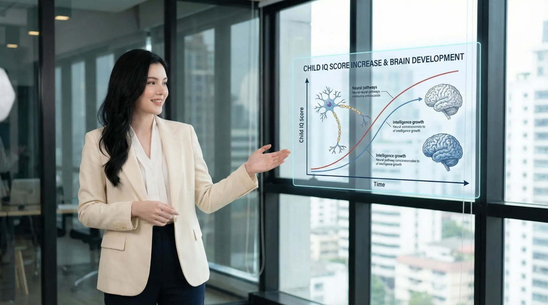 The uploaded reference character sheet shall be used for creating a person or character in this image, Modern Gen-Y Mom & Child Specialist, with reference the Uploaded reference image Character Sheet preserving facial fidelity, 30 year old Bangkokian, standing next to a floating or drawn diagram showing the growth/brain development related to IQ Score Increase graph, explaining gesture, confident and insightful mood, aspect ratio 21:9