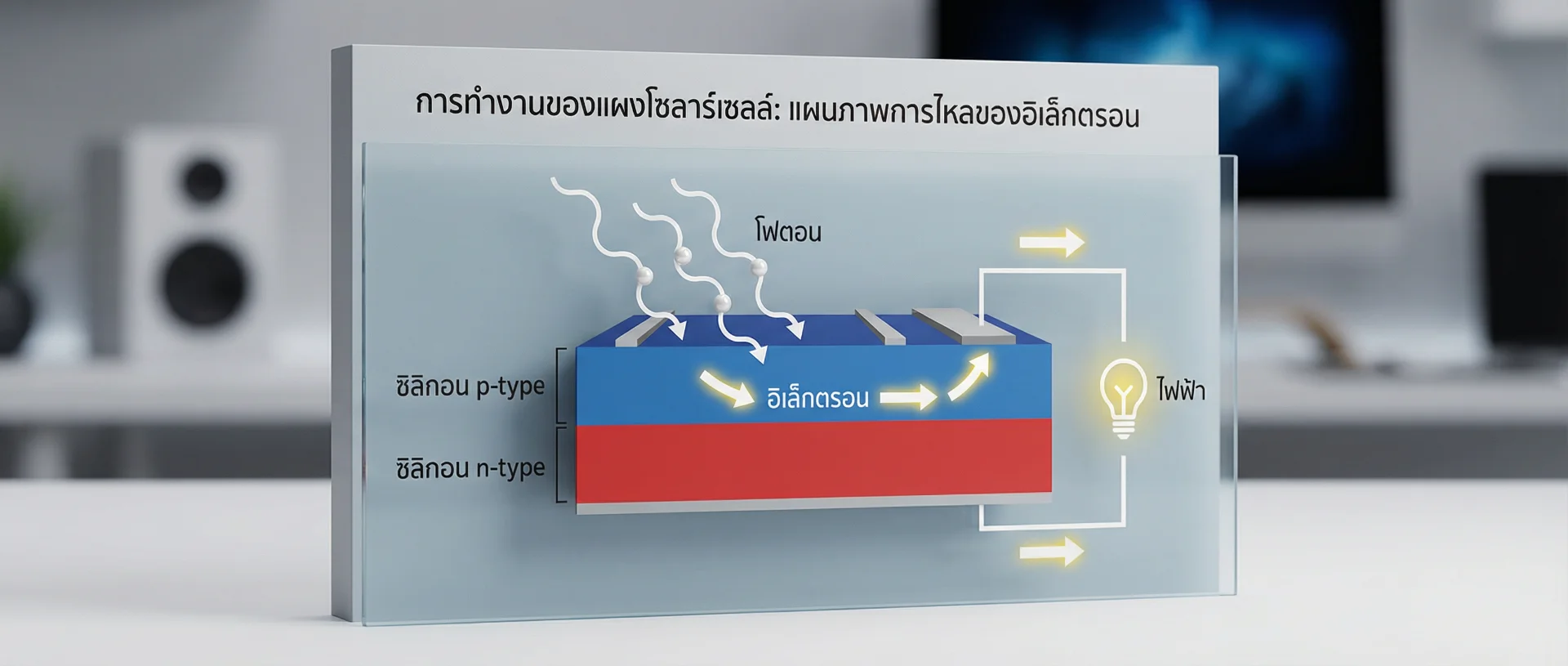 High-quality editorial photography for Thai technology blog, Educational infographic diagram showing solar pv electron flow, cross-section of silicon cell layers, photons hitting surface, simple clear arrows indicating electricity path, neutral educational presentation, studio lighting, brand-neutral educational focus