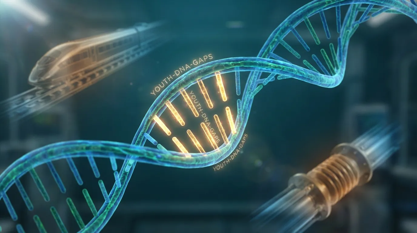 Hyper-realistic 3D microscopic view of a DNA double helix cinematic lighting. Visible glowing golden gaps between the DNA segments, looking like Youth-DNA-GAPs. The DNA looks flexible and vibrant. In the background, a subtle metaphorical blur of a high-speed railway track with expansion joints. Molecular biology aesthetic, 8k resolution, teal and gold color palette, high-tech laboratory atmosphere